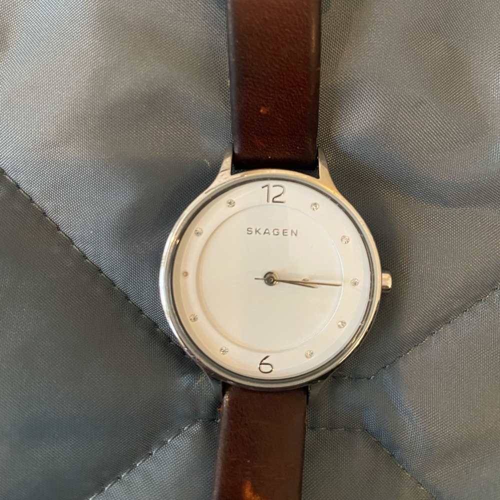 Skagen brown leather watch. Stainless steel bezel.